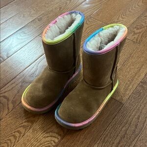 UGG Chestnut Suede Boots with Rainbow Trim